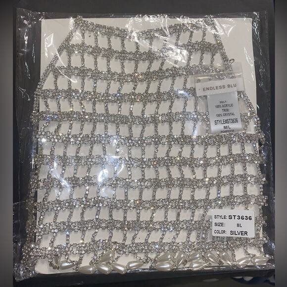 NWT Rhinestone Pearl Beaded sparkle Top vest silver - Picture 6 of 6